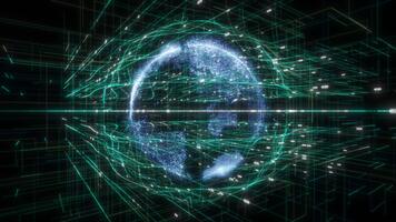 colorato rotante Ciao Tech globo nel cyberspazio con fluente binario codice Linee Ciao Tech design tecnologia sfondo video
