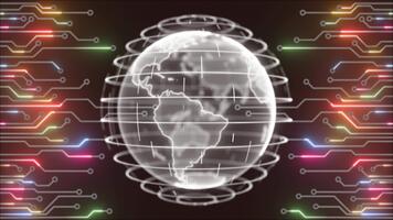 vistoso giratorio Hola tecnología holograma globo con tarjeta madre chip grande datos Hola tecnología diseño lazo poder oscuro tecnología antecedentes video