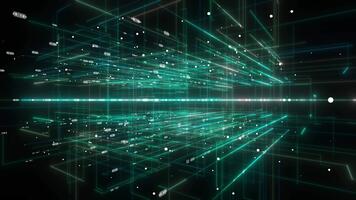 färgrik rör på sig rader i roterande cyberrymden med slumpvis rör på sig binär koda Hej tech design mörk teknologi bakgrund video