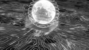 blanco giratorio Hola tecnología holograma globo con tarjeta madre chip grande datos Hola tecnología diseño lazo poder oscuro tecnología antecedentes video