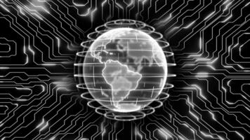 blanco color giratorio Hola tecnología holograma globo con tarjeta madre chip grande datos Hola tecnología diseño lazo poder oscuro tecnología antecedentes video