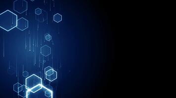 astratto blu esagono griglia modello su buio sfondo con raggiante Linee e digitale dati fluire. video