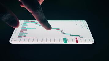 avvicinamento di un' dito interagendo con un' smartphone visualizzazione finanziario grafici e dati che rappresentano azione mercato analisi e commercio. video