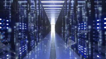 digital datos Procesando en servidor habitación con brillante azul luces y red conexiones video