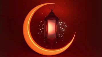 brillante creciente Luna con linterna y destellos animación en rojo antecedentes. video