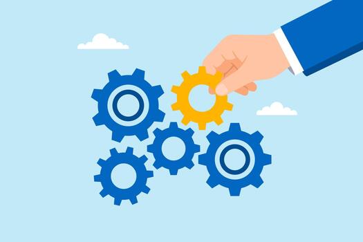 plano ilustración de mano colocación importante engranaje a completar sistema simbolizando estrategia mejoramiento trabajo en equipo liderazgo y problema resolviendo vector