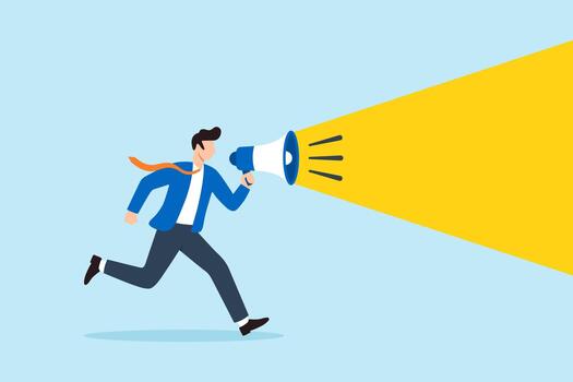 plano ilustración de empresario corriendo con megáfono saliente brillante destacar simbolizando comunicación público anuncio atención y extensión información vector