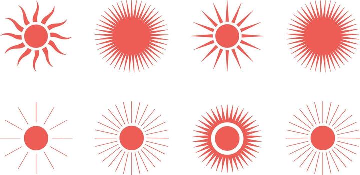 Eight red sun with varying rays and styles flat circular vector