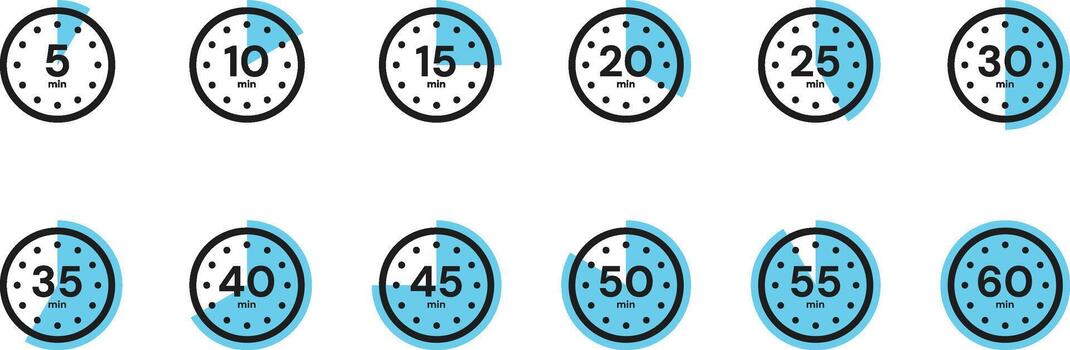 conjunto de Temporizador y cronógrafo íconos con diferente minutos, ilustración vector