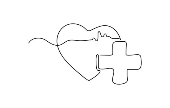 Continuous one line drawing heart shape with pulse line and health cross minimal healthcare theme vector