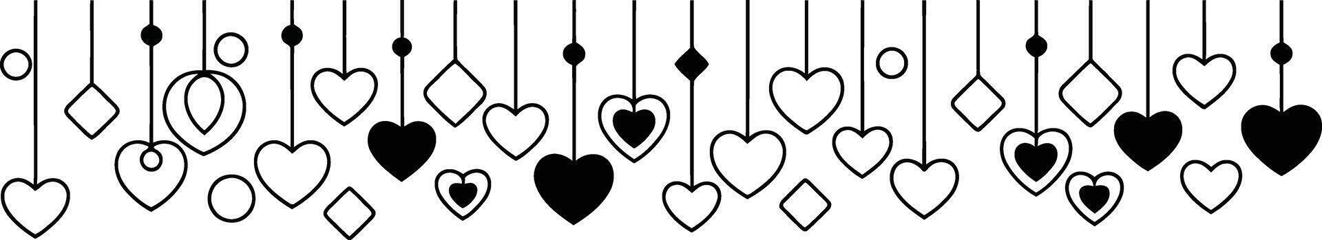 A charming border features hanging black and white hearts, circles, and diamond shapes in a repeating pattern vector