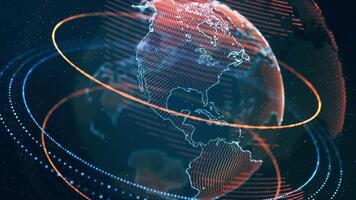 astratto digitale globo con futuristico orbitante anelli e dati flussi. video