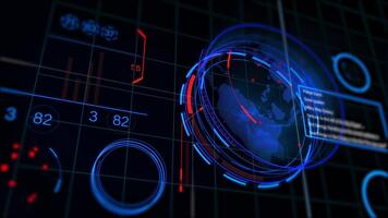 futurista digital interfaz con global datos y hud elementos en un oscuro antecedentes. video