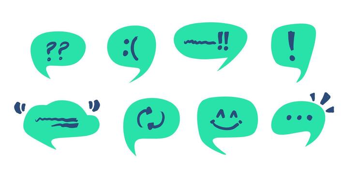 Hand-drawn speech bubbles in green and blue shades featuring question marks, exclamation points, happy and sad faces, refresh symbols, and typing icons for illustration or icon set use vector