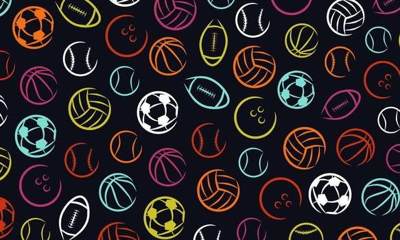 Hand-drawn sketch pattern of various sports balls in colorful tones on a black background for creative design and decoration use vector