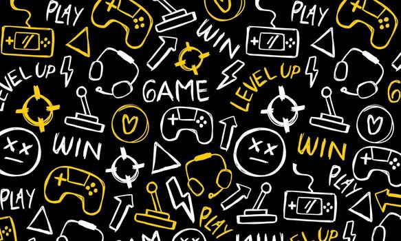 Hand-drawn gaming doodle pattern with white and yellow sketch elements on a black background, suitable for playful game designs, creative surfaces, and modern decorative use. vector