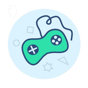 A flat icon-style illustration of a green gaming controller in blue and green tones with geometric shapes inside a light blue circular background, designed for gaming apps, user interfaces vector
