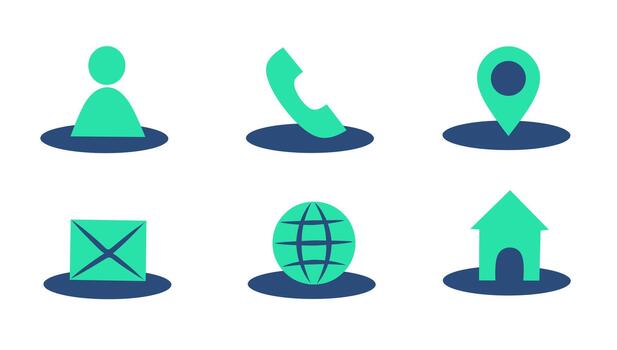 A set of minimalist geometric contact information icons in bright blue and green tones with subtle shadow effects, designed for websites, mobile apps,user interfaces, and print communication materials vector