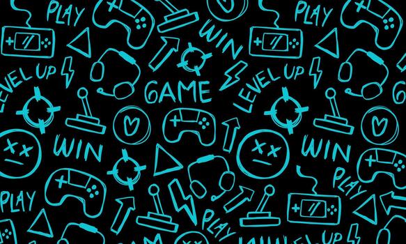 Hand-drawn gaming doodle pattern with neon blue sketch elements on a black background, designed for modern gaming visuals, digital backgrounds, and youth-oriented creative projects. vector