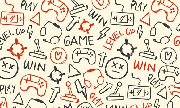 Hand-drawn gaming doodle pattern with gray and red sketch elements, ideal for youth design, entertainment backgrounds, and playful digital projects. vector