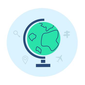 A clean minimalist globe on a stand with blue and green navigation icons inside a soft blue circular background, designed for educational content, travel materials, and global business visuals vector