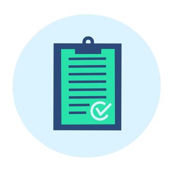 A flat style illustration of a clipboard with document lines and a checkmark symbol in blue and green tones for task management, approval processes, checklists, and business workflow concepts vector