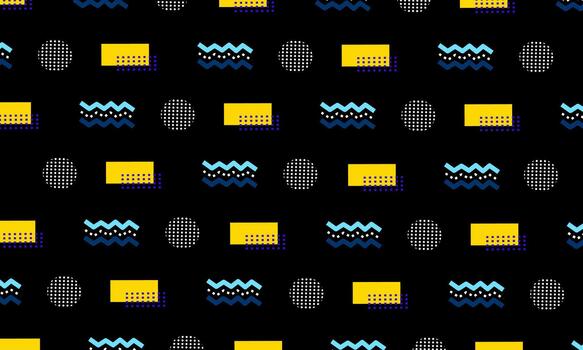 A dynamic and colorful seamless pattern featuring retro geometric shapes like circles, rectangles, and zigzags on a black background. This eye-catching design is perfect for backgrounds vector