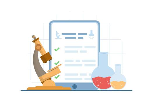 Online lab results illustration showing digital diagnostics, representing healthcare testing, remote analysis, and medical data management in style. vector