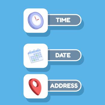 illustration of date, time, and location icon sticker, symbolizing event scheduling, business notifications, messaging, and informational signs in flat design. vector