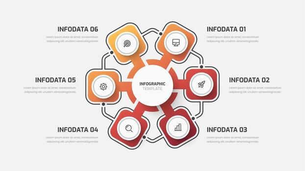 Business Infographic with Gradient Color, Line, Six Options and Icons for Presentations, Flow Chart vector
