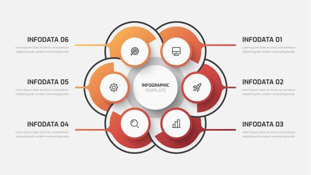 Gradient Infographic with Circle Label, Line, 6 Option and Icons for Presentation, Flow Chart vector
