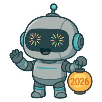 contento nuevo año robot con fuegos artificiales y linterna vector