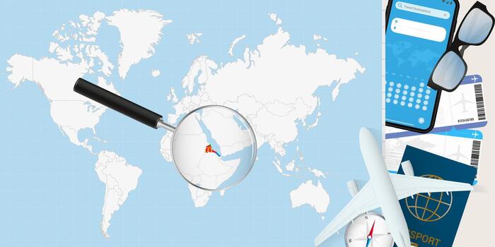 eritrea es magnificado terminado un mundo mapa, ilustración con avión, pasaporte, embarque aprobar, Brújula y los anteojos. vector