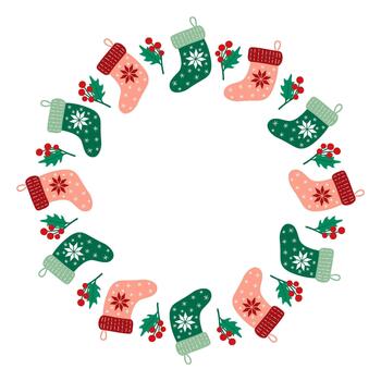 Christmas Circle Composition of Traditional Stocking and Ilex Branches. Colorful Round Frame. vector