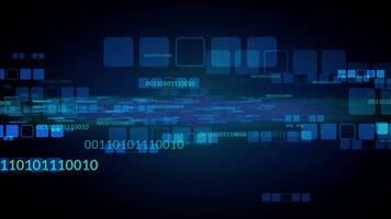 digital datos corriente con binario código y azul cuadrícula en un oscuro antecedentes representando tecnología y información fluir. video