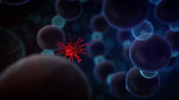 microscopico Visualizza di un' rosso virus particella circondato di cellule nel un' buio ambiente. video