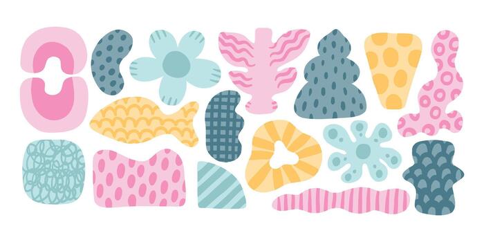 Abstract modern pastel organic shape round form set. Liquid organic blob curve shape figure. Abstract liquid bubble, wavy different form. Soft round oval pattern background illustration vector