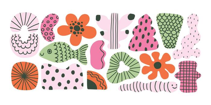 Abstract modern dopamine organic shape round form set. Liquid organic blob curve doodle shape figure. Abstract liquid bubble, wavy different form. Soft round oval pattern background. vector