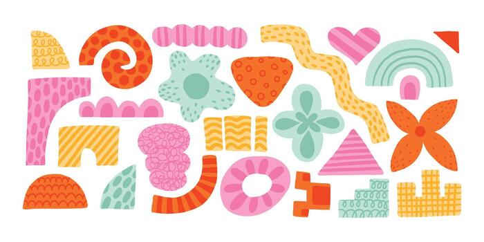 Abstract modern dopamine organic shape round form set. Liquid organic blob curve shape figure with patterns. Abstract liquid bubble, wavy different form. Soft round oval pattern background. vector