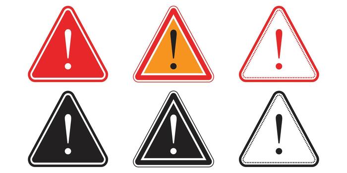 Collection of Six Triangular Warning Signs with Exclamation Marks Isolated on White vector