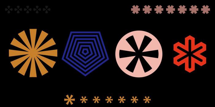 geometric abstract shapes, asterisks and graphic elements, dark set vector