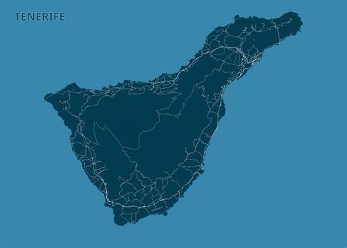 Map of Tenerife Island is displayed in a dark teal color against a lighter teal background. The island's shape is clearly defined, with intricate white lines representing roads and pathways vector