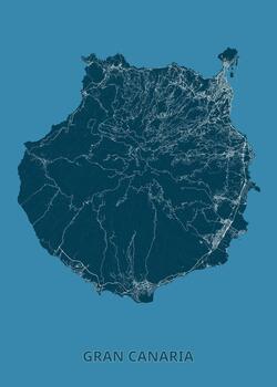 Map of Gran Canaria island. The island is depicted in a dark teal color, with intricate white lines representing roads and geographical features. The background is a lighter teal vector