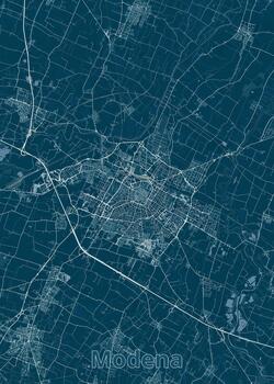 mapa de Módena, Italia, prestados en un monocromo color esquema. el mapa caracteristicas un oscuro verde azulado antecedentes con ligero verde azulado líneas representando el de la ciudad calles, carreteras, y geográfico características. vector