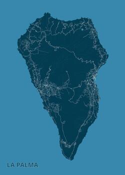 Map of La Palma island, rendered in a dark teal color against a lighter teal background. The island's shape is clearly defined, with intricate white lines representing roads vector