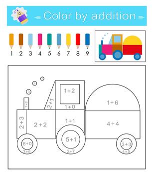 Color by addition. Math activity for kids. Developing numeracy skills. vector