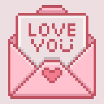 Pixel art love envelope features a soft pink palette with a LOVE YOU message in charming 8-bit style. Perfect for Valentine's Day, romantic messages, game assets and stickers vector