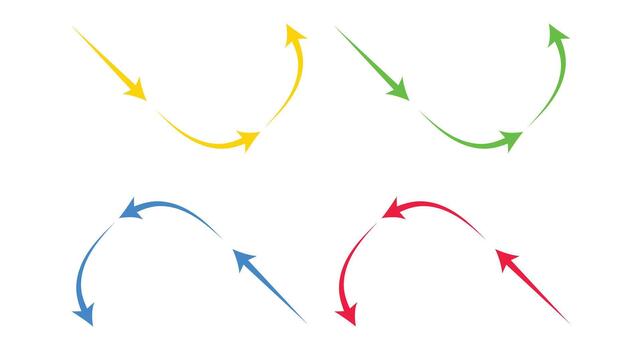 Curved double-ended arrows set, four colorful direction change icons, abstract connection or data flow graphic, business progress chart elements vector