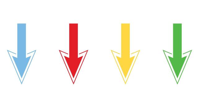 colorful down arrows, wide pointer indicators, download or direction symbol graphic, simple modern interface element vector