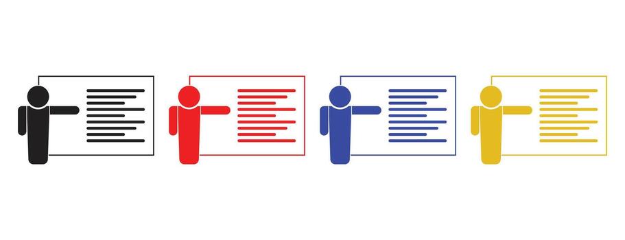 Abstract person giving a presentation, colorful figures pointing to text or data, business communication or education graphic, information delivery icon set vector